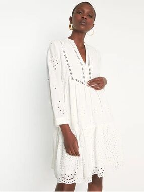 Maison 123 White Eyelet V-Neck Tiered Midi Dress